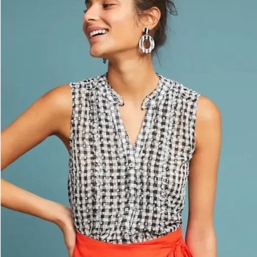 Maeve by Anthropologie Gingham Sleeveless Top Swiss Dot Texture Black White XS